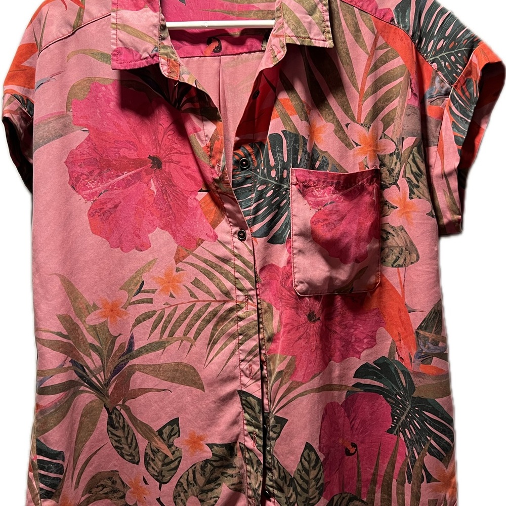 Desigual Tropical Print Pink Button-Up Women's Top sz XL - Picture 5 of 7
